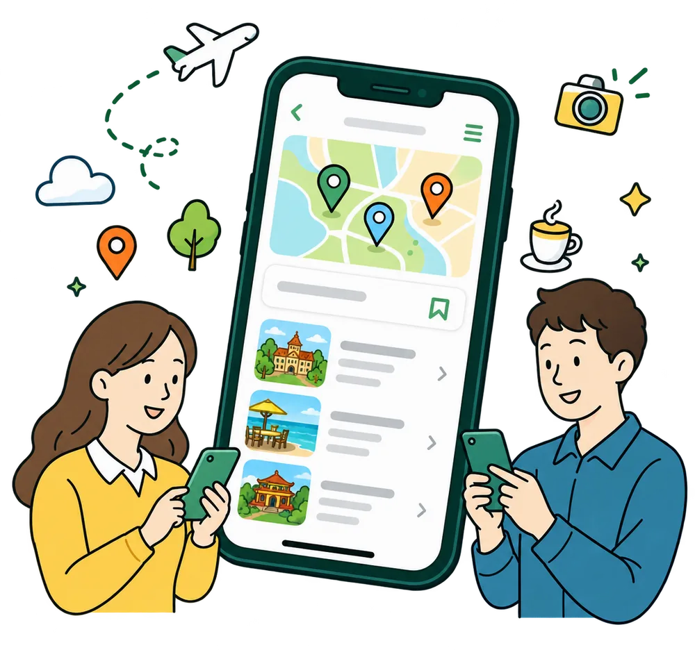 スマホを見ながら行き先を選んでいるふたりと、ためたスポットの一覧
